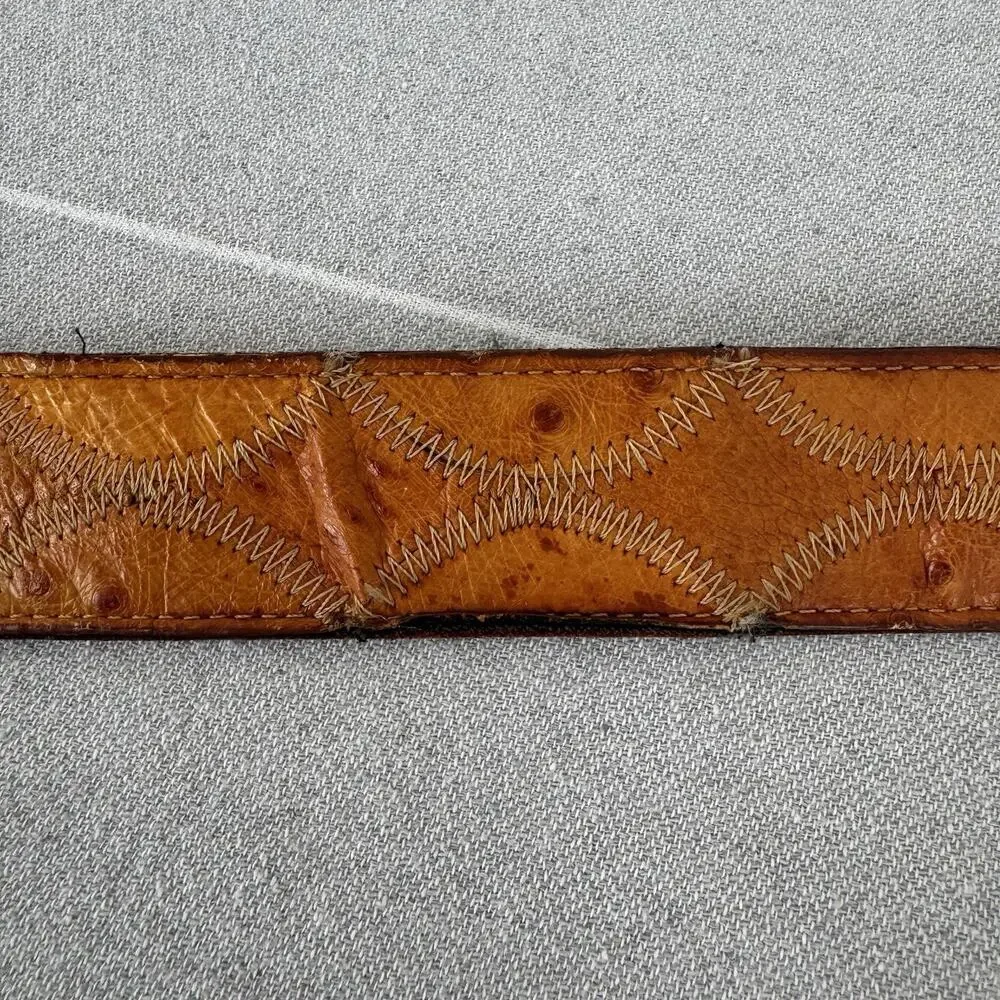 Vintage Justin Ostrich Leather Belt & Vtg Embroidered Rooster Belt Buckle Tan 36
